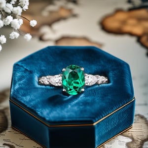 Vintage Lab-Created Emerald Ring: Art Deco Sterling Silver Wedding Set