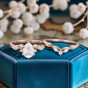 Pear shaped Moissanite engagement ring set vintage Unique rose gold Branch engagement set Marquise diamond Cluster wedding set Bridal set