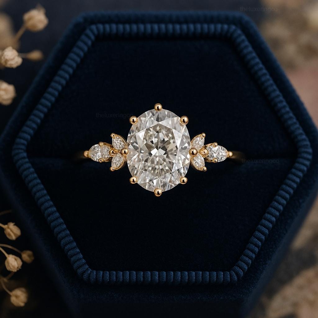 14k Gold Moissanite Engagement Ring: Vintage Oval Cluster, Handmade Jewelry
