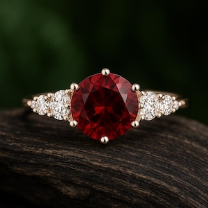 Round Garnet Engagement Ring with Moissanite | Cluster Ring in Gold | January Birthstone Ring | Unique Promise or Bridal Jewelry