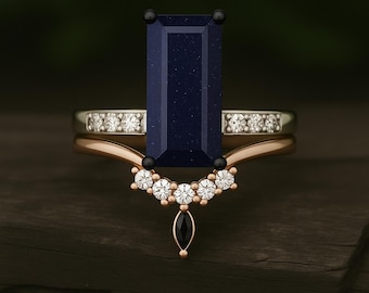 Blue Sandstone Ring: Rose Gold Moissanite Accent, Galaxy Engagement Ring