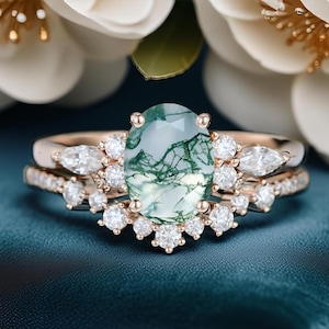 Oval Moss Agate Engagement Ring Set: Rose Gold Vintage Bridal