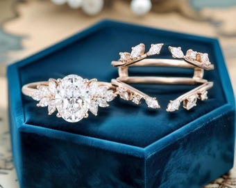Oval Moissanite Engagement Ring Set: Rose Gold Leaf Bridal Jewelry
