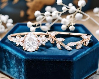 Pear Moissanite Engagement Ring Set: Rose Gold Vintage Bridal Jewelry