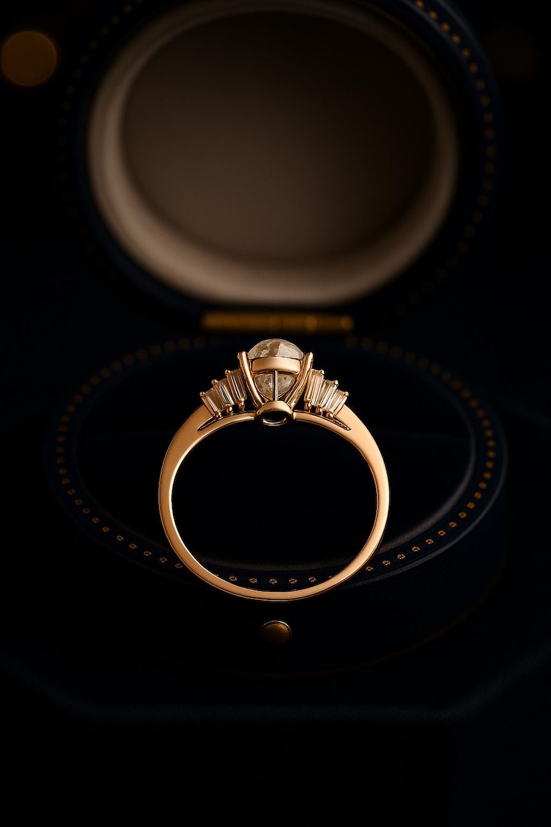 Puede incluir: Un anillo de compromiso de oro con una piedra central grande y transparente de talla redonda y piedras laterales m&aacute;s peque&ntilde;as de talla baguette. El anillo est&aacute; engastado en una banda de oro.