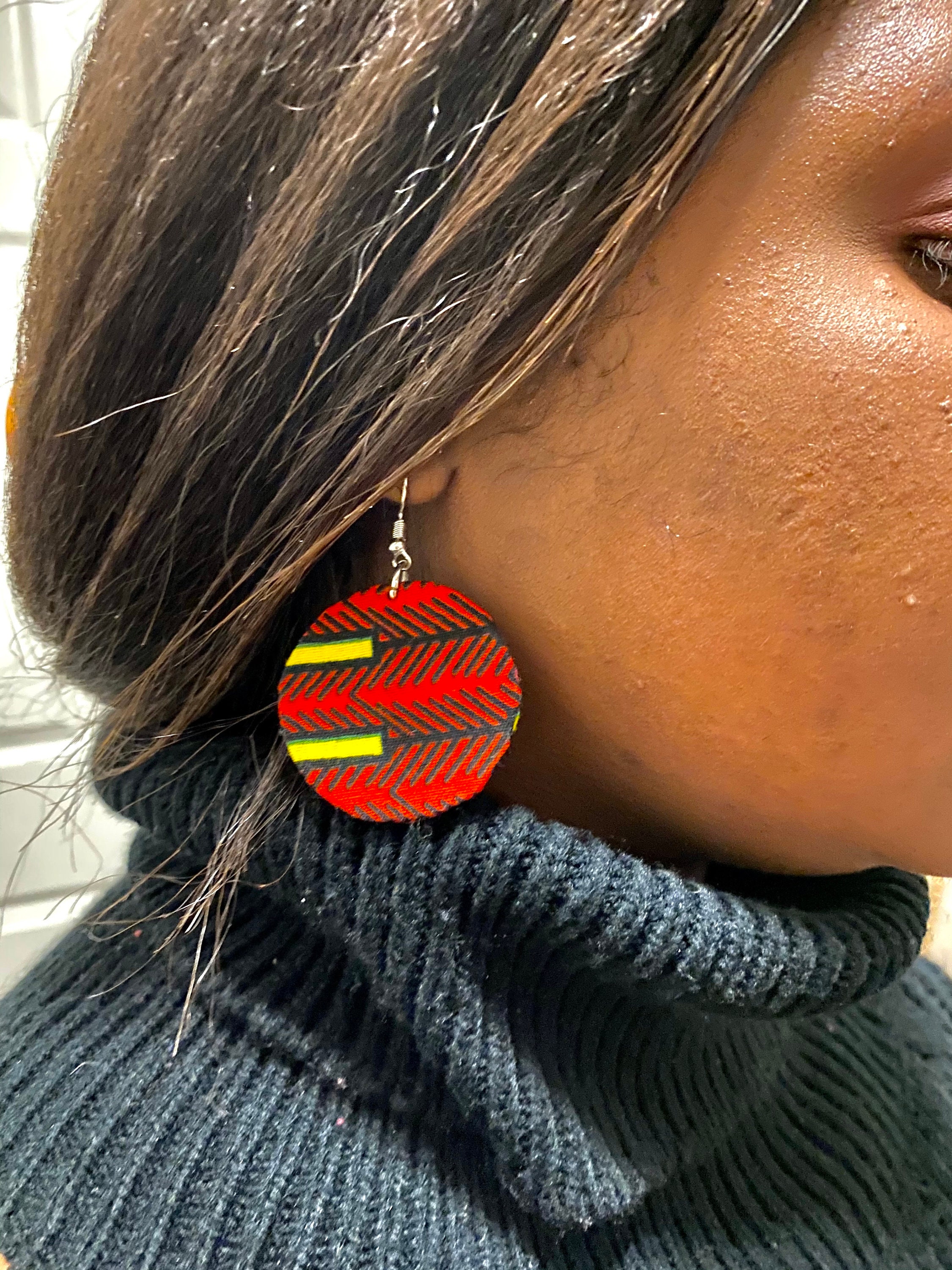 Large earrings in african wax fabric yellow black red African Creoles ethnic