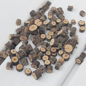 Może przedstawiać: Kolekcja małych, pociętych kawałków drewna rozrzuconych na białej powierzchni. Kawałki różnią się rozmiarem i kształtem, z widocznym usłojeniem i okrągłymi wzorami na końcach. Kolor jest głównie brązowy z jaśniejszymi, jasnobrązowymi środkami.