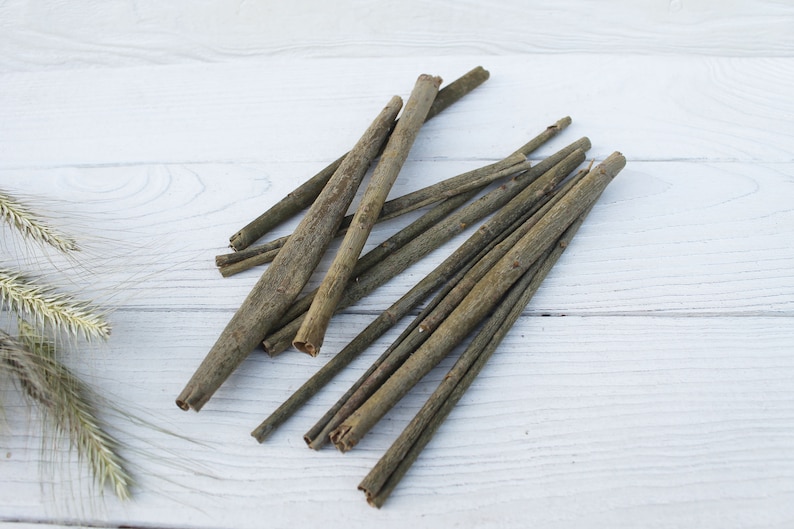 May include: A bundle of thin, brown twigs on a white wooden surface. The twigs are arranged in a fan shape, with the tips pointing towards the right side of the image.