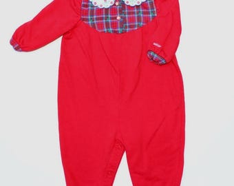 OshKosh B'Gosh Vintage Bubble Romper Girls Size 18 Months Red Plaid Flower Collar Made in USA Holiday Christmas Autumn