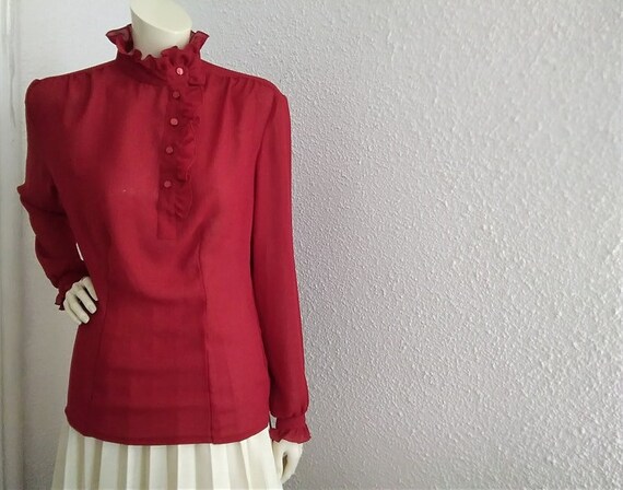 70s ruffled blouse 42 size burgundy blouse minima… - image 2