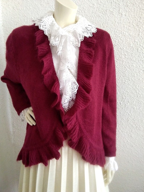 90s burgundy cardigan 16 US size ruffled cardigan… - image 3