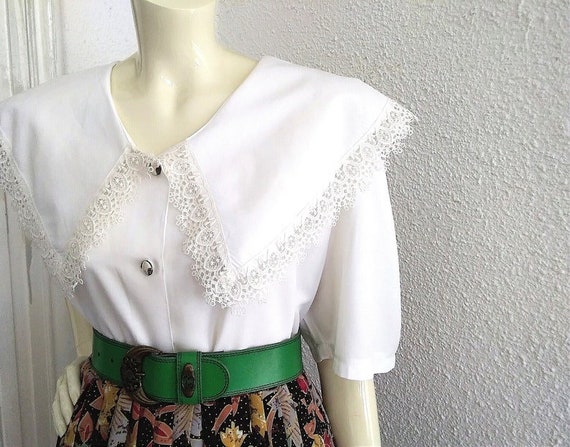 80s lace collar blouse, large puffy sleeve, open … - image 5