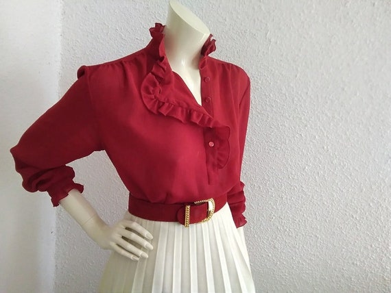 70s ruffled blouse 42 size burgundy blouse minima… - image 4