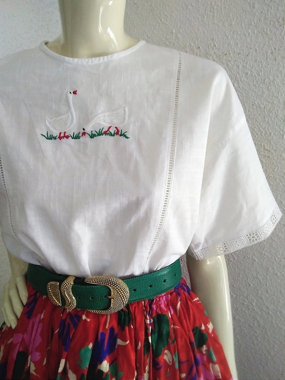 80s embroidered blouse white cotton blouse novelt… - image 9