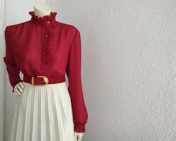 70s ruffled blouse 42 size burgundy blouse minima… - image 5