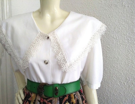 80s lace collar blouse, large puffy sleeve, open … - image 1