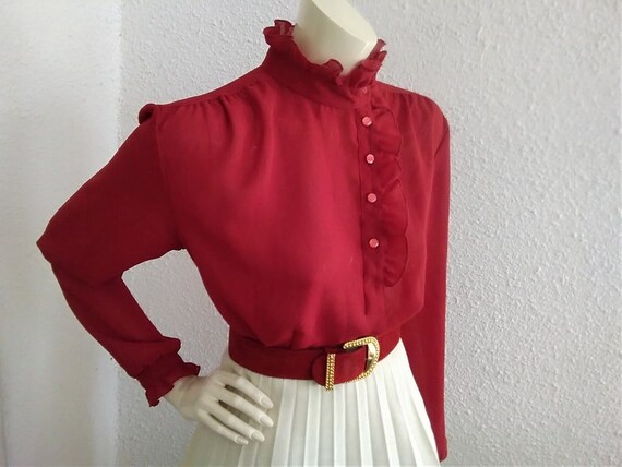 70s ruffled blouse 42 size burgundy blouse minima… - image 3