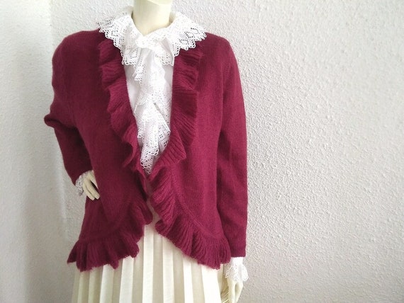 90s burgundy cardigan 16 US size ruffled cardigan… - image 6