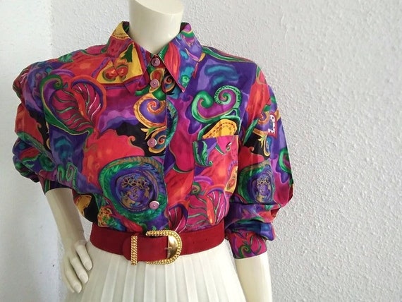 80s GIVENCHY EN PLUS blouse 42 size colorful silk… - image 1