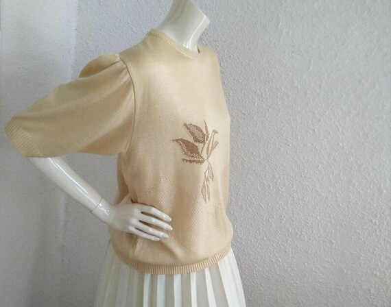 70s silky knitted blouse minimalist beige blouse … - image 8