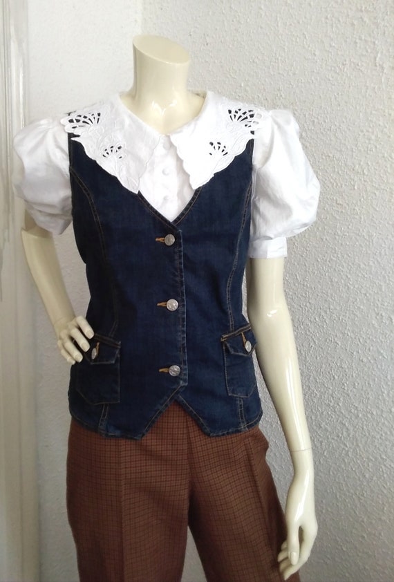 90s vintage jeans vest tomboy vest dark blue clas… - image 3