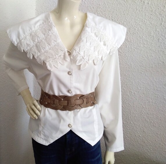 80s blouse big puritan lace collar long sleeve sta