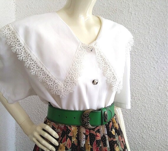 80s lace collar blouse, large puffy sleeve, open … - image 3