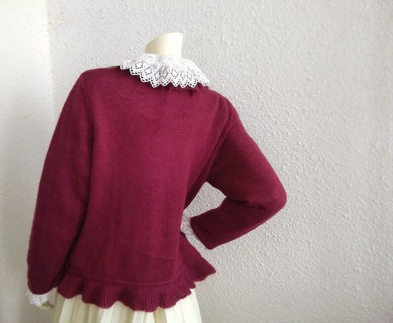 90s burgundy cardigan 16 US size ruffled cardigan… - image 4