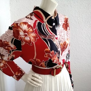 90er Jahre floral print Bluse Viskose botanische Shirt Langarm 48 Größe Urlaub Shirt Frühling Bluse Knopf Shirt bunte schwarze Bluse