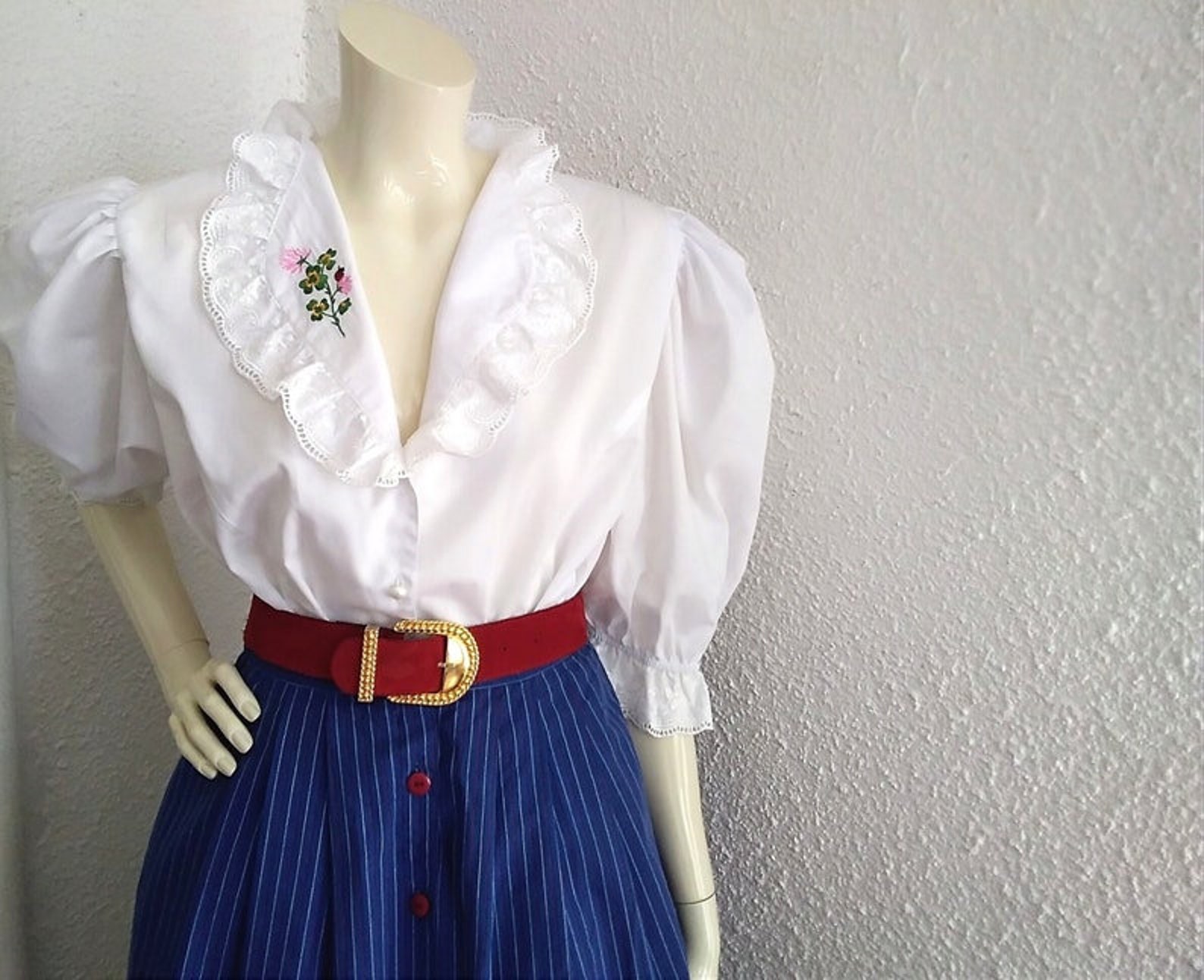 80s Lace Folk Blouse Ruffled Shawl Collar Blouse Romantic Feminine ...