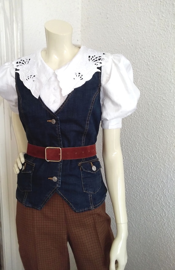 90s vintage jeans vest tomboy vest dark blue clas… - image 1