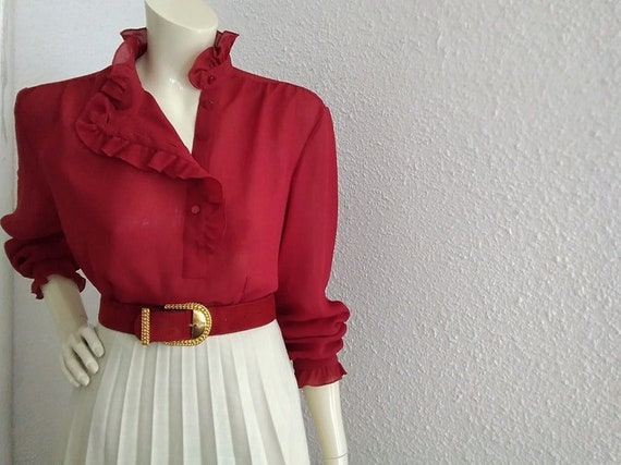 70s ruffled blouse 42 size burgundy blouse minima… - image 6