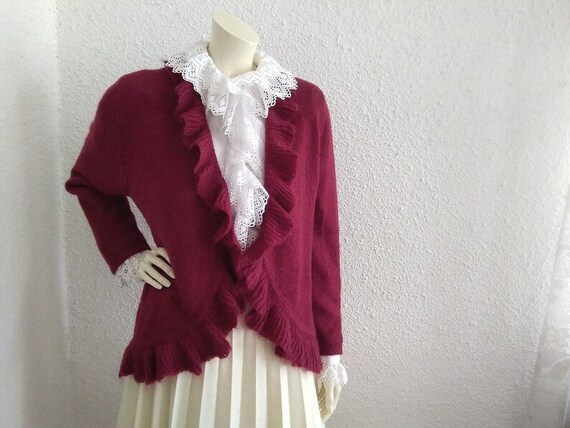 90s burgundy cardigan 16 US size ruffled cardigan… - image 5