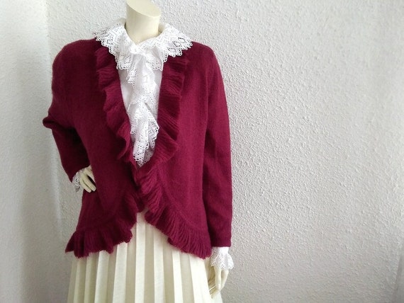 90s burgundy cardigan 16 US size ruffled cardigan… - image 2