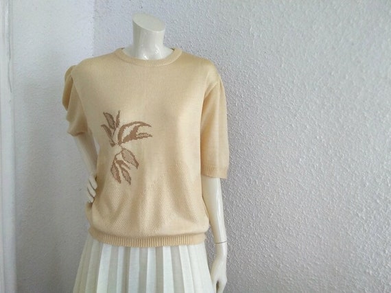 70s silky knitted blouse minimalist beige blouse … - image 2