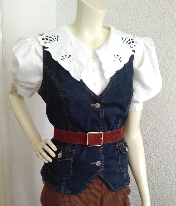 90s vintage jeans vest tomboy vest dark blue clas… - image 9