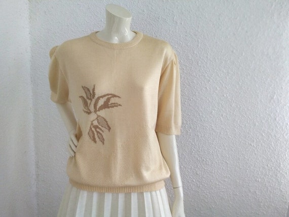 70s silky knitted blouse minimalist beige blouse … - image 3