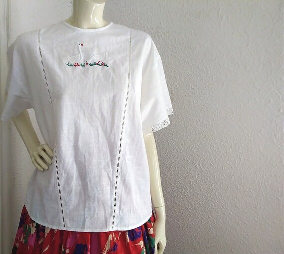 80s embroidered blouse white cotton blouse novelt… - image 3