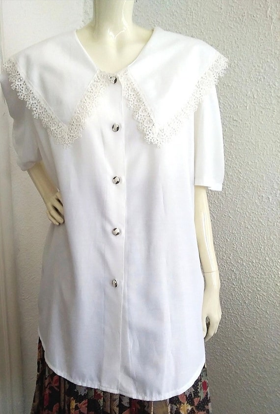 80s lace collar blouse, large puffy sleeve, open … - image 2