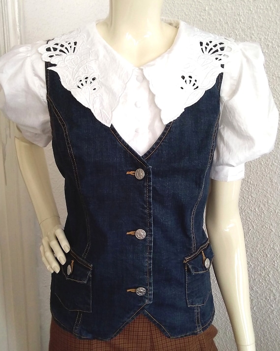 90s vintage jeans vest tomboy vest dark blue clas… - image 8