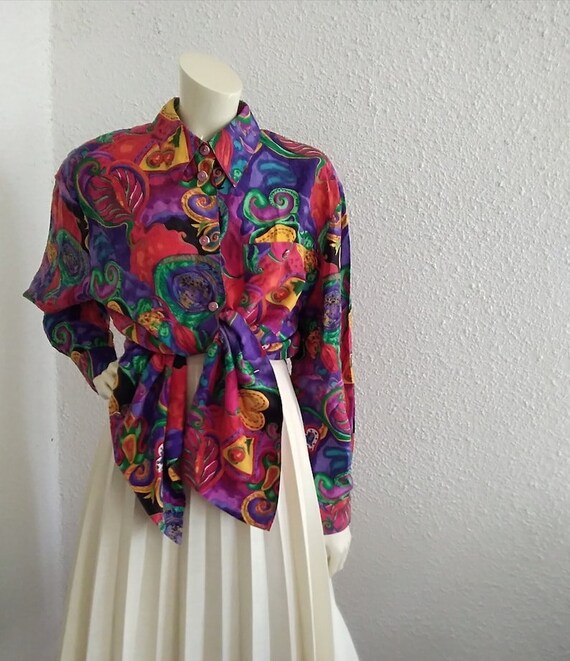 80s GIVENCHY EN PLUS blouse 42 size colorful silk… - image 3