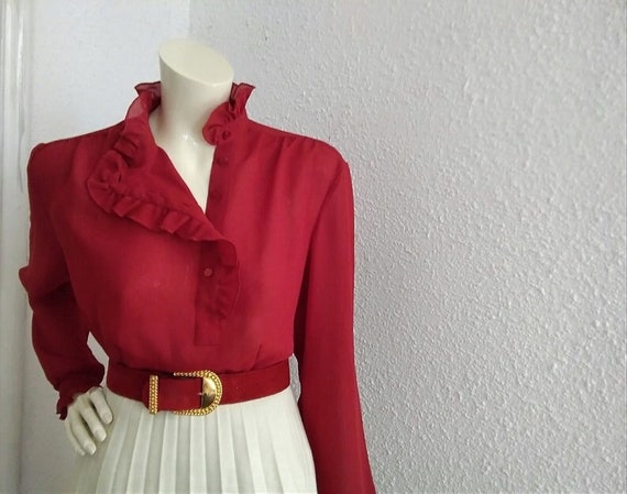 70s ruffled blouse 42 size burgundy blouse minima… - image 1