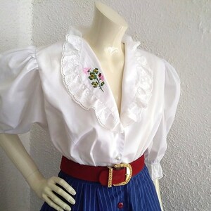 VTG WHITE FLORAL FOLK PEASANT COTTAGECORE FRILL COLLAR BLOUSE M 14