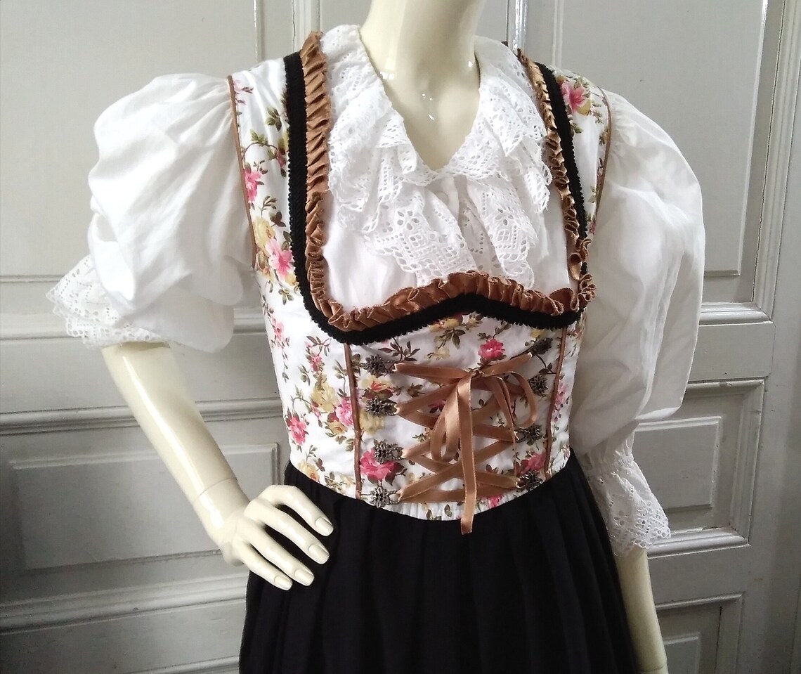90s Tyrolean Dirndl Dress Bavarian Floral Dress 36 Size Etsy