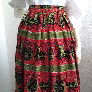 70s-80s vintage skirt handmade red geometric pattern skirt summer gathered skirt novelty print egiptian horses carriage print colorful skirt