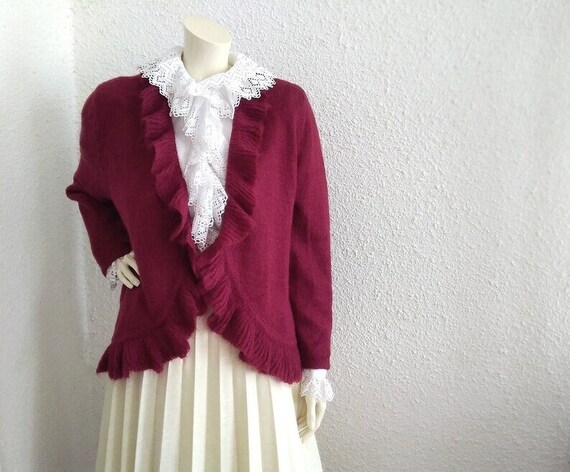 90s burgundy cardigan 16 US size ruffled cardigan… - image 1