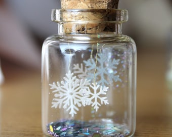 glass lucky charm, message vial, message in bottle, curiosity cabinet, treasure, miniature world, paper, FauxPlis, snowflake