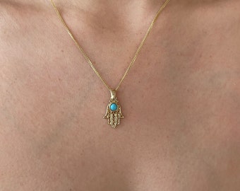 Small Filigree Hamsa Pendant With Turquoise Stone 14K Solid Gold