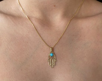 Big Filigree Hamsa Pendant With Turquoise Stone 14K Solid Gold