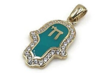 Chai Hamsa Pendant 14K Solid Yellow Gold With White Turquoise And Cubic Zirconia